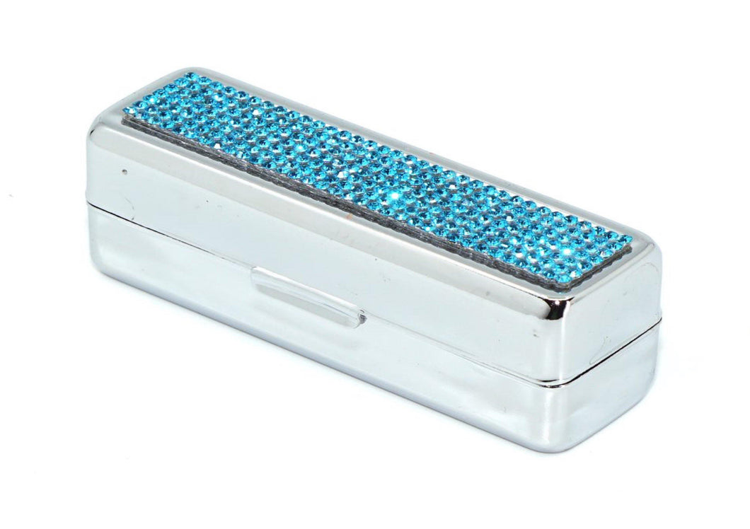 Aquamarine Dark Crystals | Small (Flat Bottom) Lipstick Box or Lipstick Case with Mirror - Rangsee by MJ