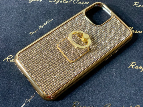 Cristales de topacio dorado con anillo para el dedo | Estuche dorado de TPU/PC (Serie iPhone 11)