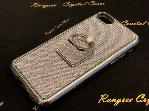 Cristales de diamantes transparentes con anillo para el dedo | Funda plateada de TPU/PC (Serie iPhone 8)